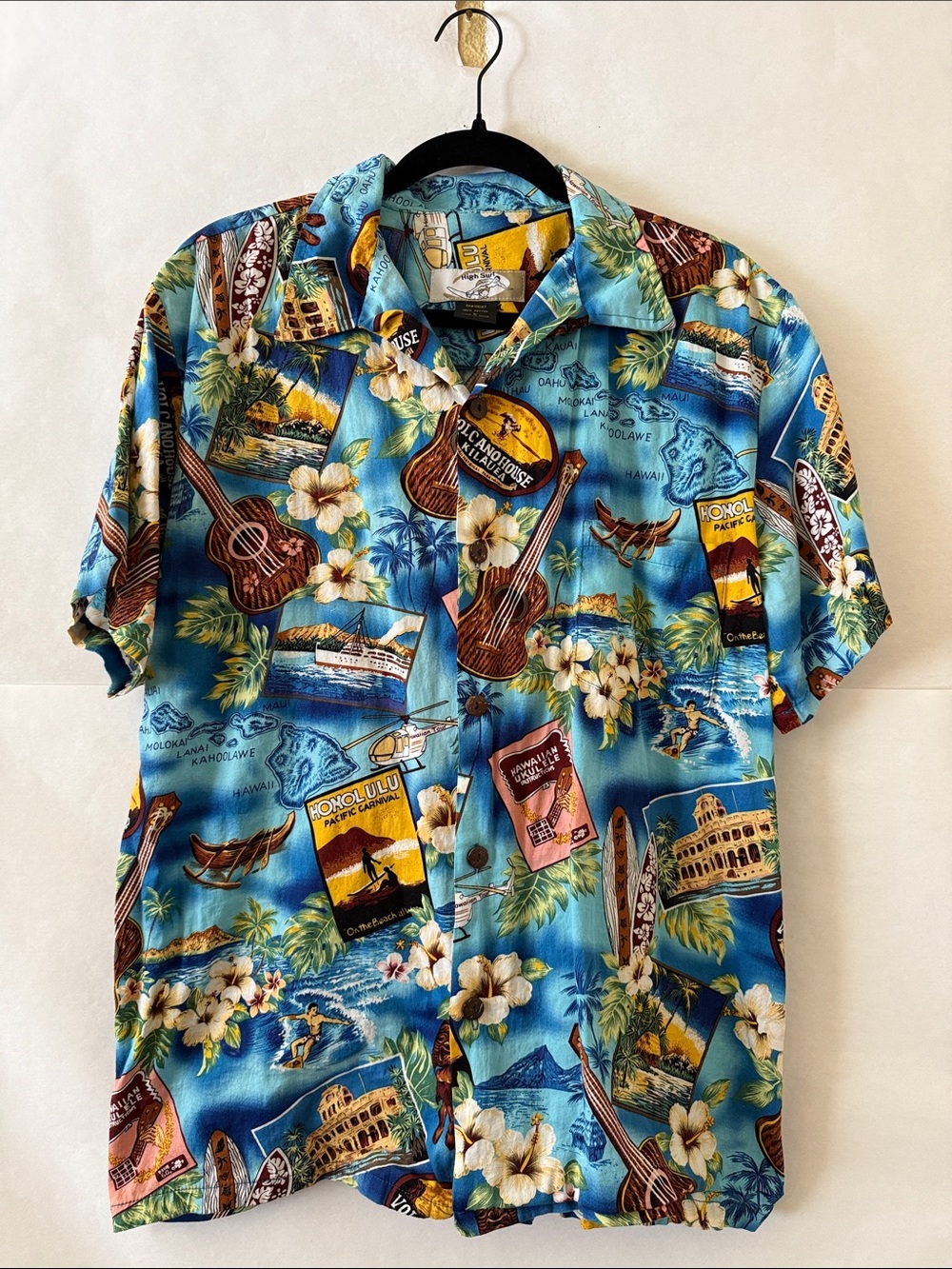 High Surf Hawaiian Button Down Shirt Sz L Cotton Floral Tropical Camp Vacation